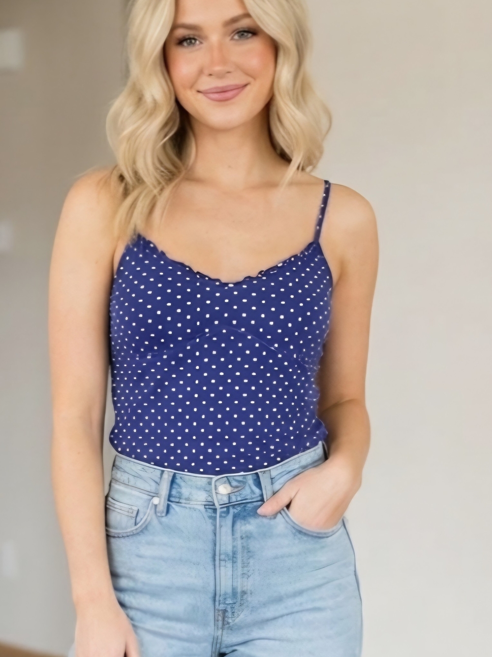 Energie Navy/ Crimson Polka Dot Cami with Adjustable Straps
